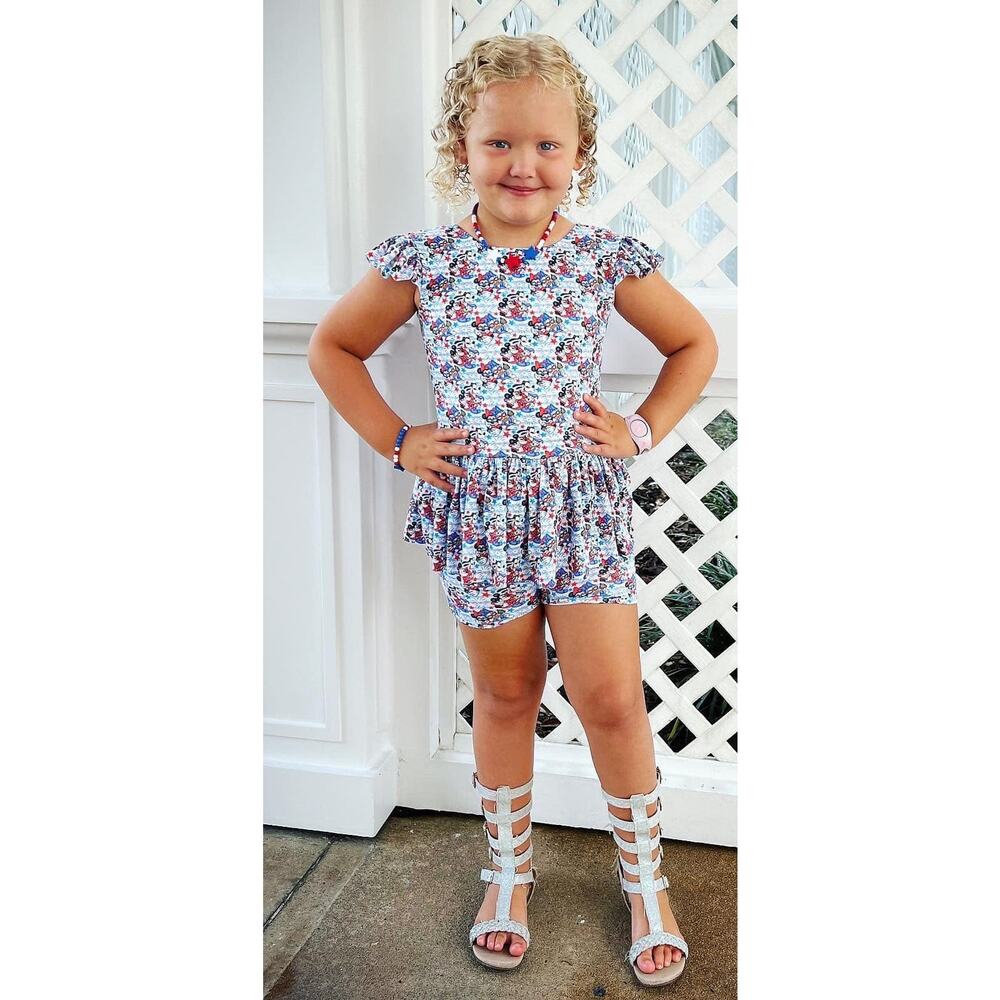 Handmade Custom July 4th Mickey Minnie Skirted Romper Scoopback Patriotic